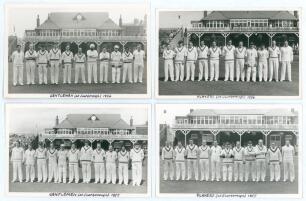 Scarborough Cricket Festival. Gentlemen v Players 1956 & 1957. Four mono real photograph plain back postcards of the Gentlemen and Players teams at Scarborough. Players depicted standing in one row wearing cricket attire in front of the pavilion for the m