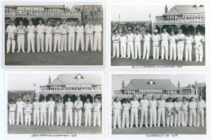 Scarborough Cricket Festival 1957 & 1958. Four mono real photograph plain back postcards of teams at Scarborough, players depicted standing in one row wearing cricket attire in front of the pavilion. Teams depicted are Players (v Gentlemen) 4th- 6th Septe