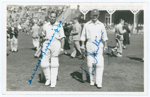 Yorkshire. Herbert Sutcliffe and Len Hutton. Mono real photograph plain back postcard of Sutcliffe and Hutton walking out to bat at Scarborough. Nicely signed in blue ink to the photograph by both Sutcliffe and Hutton. Date annotated to verso 1937. Appear
