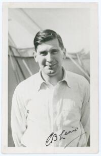Esmond Burman Lewis. Warwickshire 1949-1958. Mono real photograph plain back postcard of Lewis, half length wearing cricket attire, at Scarborough with a marquee in the background. Nicely signed in ink to the photograph by Lewis. Date annotated to verso 1