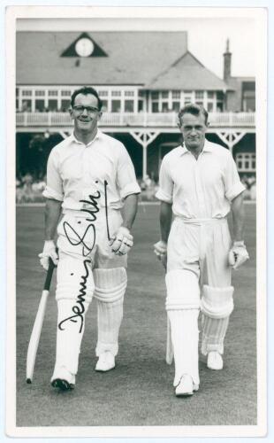 Dennis Raoul Whitehall Silk. Cambridge University & Sussex 1952-1960. Mono real photograph plain back postcard of Silk walking out to bat with Peter Richardson at Scarborough playing for Gentlemen in 1958. Nicely signed in ink to the photograph by Silk. O