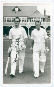 Dennis Raoul Whitehall Silk. Cambridge University & Sussex 1952-1960. Mono real photograph plain back postcard of Silk walking out to bat with Peter Richardson at Scarborough playing for Gentlemen in 1958. Nicely signed in ink to the photograph by Silk. O