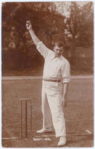 William Bestwick. Derbyshire 1898-1925. Early sepia real photograph postcard of Bestwick, full length at the wicket in bowling pose. Foster of Brighton and Hove. Postally unused. Minor wear to edges and corners, otherwise in very good condition. An excell