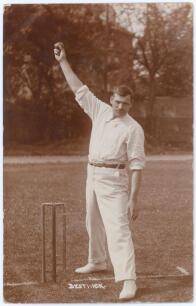 William Bestwick. Derbyshire 1898-1925. Early sepia real photograph postcard of Bestwick, full length at the wicket in bowling pose. Foster of Brighton and Hove. Postally unused. Minor wear to edges and corners, otherwise in very good condition. An excell