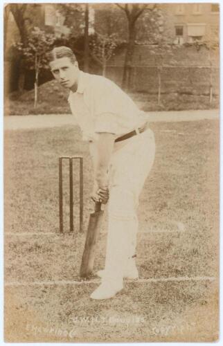 John William Henry Tyler &lsquo;Johnny&rsquo; Douglas. Essex & England 1901-1928. Early sepia real photograph postcard of Douglas, full length at the wicket in batting pose. E. Hawkins & Co. of Brighton. Postally unused. Minor wear to corners, otherwise in very good 