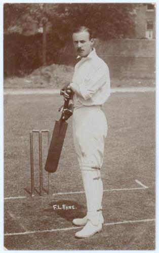 Frederick Luther Fane. Essex, Oxford University & England 1895-1922. Early sepia real photograph postcard of Fane, full length at the wicket in batting pose. Foster of Brighton and Hove. Postally unused. Minor wear to corners, otherwise in very good condi
