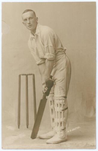 Malcolm Gurney Salter. Gloucestershire, Oxford University & Europeans 1907-1926. Early sepia real photograph postcard of Salter, full length at the wicket in batting pose in a studio setting. Appears to be by Foster of Brighton. Postally unused. Very good