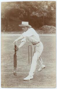 Horace Alexander William &lsquo;Alex&rsquo; Bowell. Hampshire 1902-1927. Early sepia real photograph postcard of Bowell, full length in batting pose at the wicket wearing a sun hat. Blind embossed stamp to lower left corner for Foster of Brighton. Postmarked 1905. Ve