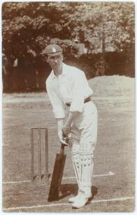 David Aubrey Steele. Hampshire 1895-1906. Early sepia real photograph postcard of Steele, full length in batting pose at the wicket wearing Hampshire cap. Blind embossed stamp to lower left corner for Foster of Brighton. Postmarked 1905. Slight rounding t