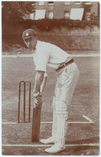 William Vincent Jephson. Hampshire 1903-1919. Early sepia real photograph postcard of Jephson, full length in batting pose at the wicket wearing Hampshire cap. Appears to be by Foster of Brighton. Postally unused. Very minor wear to corners, otherwise in 