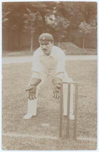 Frederick Henry &lsquo;Fred&rsquo; Huish. Kent 1895-1914. Early sepia real photograph postcard of Huish, full length crouching in wicket-keeping pose at the wicket wearing Kent cap. Foster of Brighton. Postally unused. Very good condition. A nice image.