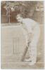John Richard &lsquo;Jack&rsquo; Mason. Kent & England 1893-1914. Early sepia real photograph postcard of Mason, full length in batting pose at the wicket. Foster of Brighton. Postally unused. Biographical printed detail laid down to verso. Very good condition. A nice