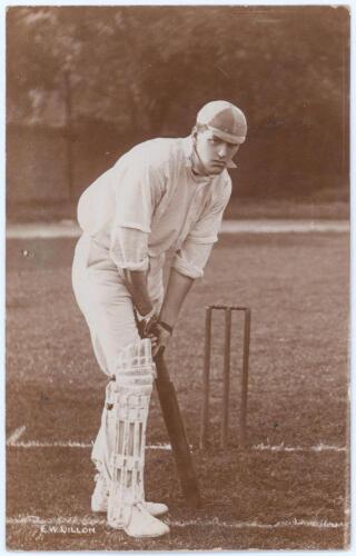 Edward Wentworth &lsquo;Ted&rsquo; Dillon. Kent & Oxford University 1900-1923. Early sepia real photograph postcard of Dillon, full length in batting pose at the wicket wearing harlequin cap. Foster of Brighton. Postmarked 1906. Minor wear to corners, otherwise in ve