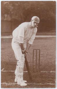 Edward Wentworth &lsquo;Ted&rsquo; Dillon. Kent & Oxford University 1900-1923. Early sepia real photograph postcard of Dillon, full length in batting pose at the wicket wearing harlequin cap. Foster of Brighton. Postmarked 1906. Minor wear to corners, otherwise in ve