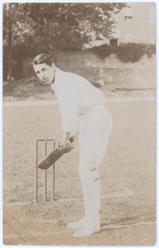 Kenneth Lotherington Hutchings. Kent & England 1902-1912. Early sepia real photograph postcard of Hutchings, full length in batting pose at the wicket. Foster of Brighton. Postally unused. Minor wear to corners, otherwise in very good condition. A nice im