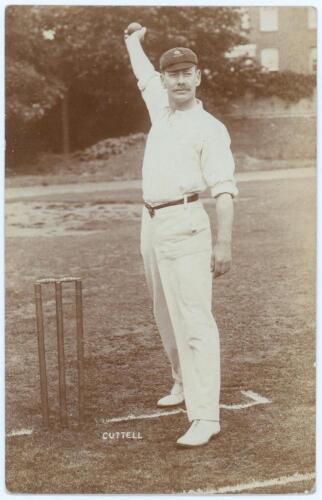 Willis Robert Cuttell. Lancashire & England 1896-1906. Early sepia real photograph postcard of Cuttell standing full length in bowling pose at the wicket. Blind embossed stamp for Foster of Brighton to lower right corner. Postally used, date unknown. Mino