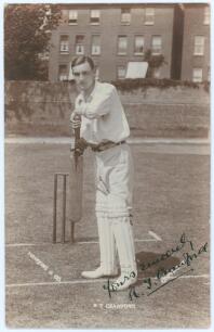 Reginald Trevor Crawford. Leicestershire 1901-1911. Early sepia real photograph postcard of Crawford full length in batting pose at the wicket. Nicely signed in black ink to the photograph by Crawford. Photograph by E. Hawkins & Co. of Brighton. Postally 