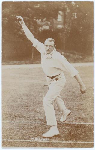 Walter Brearley. Lancashire & England 1902-1912. Early sepia real photograph postcard of Brearley full length in bowling pose at the wicket. Foster of Brighton. Postally unused. Very good condition. A nice image.