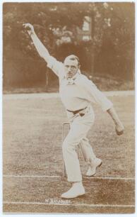 Walter Brearley. Lancashire & England 1902-1912. Early sepia real photograph postcard of Brearley full length in bowling pose at the wicket. Foster of Brighton. Postally unused. Very good condition. A nice image.