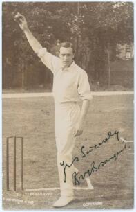 Bernard James Tindal Bosanquet. Middlesex, Oxford University & England 1898-1919. Early sepia real photograph postcard of Bosanquet full length in bowling pose at the wicket. Nicely signed in black ink to the photograph by Bosanquet. Photograph by E. Hawk