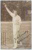 Bernard James Tindal Bosanquet. Middlesex, Oxford University & England 1898-1919. Early sepia real photograph postcard of Bosanquet full length in bowling pose at the wicket. Nicely signed in black ink to the photograph by Bosanquet. Photograph by E. Hawk