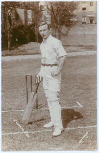 Joseph &lsquo;Joe&rsquo; Hardstaff Snr. Nottinghamshire & England 1902-1924. Early sepia real photograph postcard of Hardstaff full length at the wicket leaning on his bat. E. Hawkins & Co. of Brighton. Postally unused. Very good condition. An excellent image.