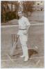 Joseph &lsquo;Joe&rsquo; Hardstaff Snr. Nottinghamshire & England 1902-1924. Early sepia real photograph postcard of Hardstaff full length at the wicket leaning on his bat. E. Hawkins & Co. of Brighton. Postally unused. Very good condition. An excellent image.