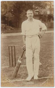 John Daniell. Somerset & Cambridge University 1898-1927. Early sepia real photograph postcard of Daniell standing full length at the wicket leaning on his bat. E. Hawkins & Co. of Brighton. Title to lower edge &lsquo;J. Daniels&rsquo;. Postally unused. Very good cond