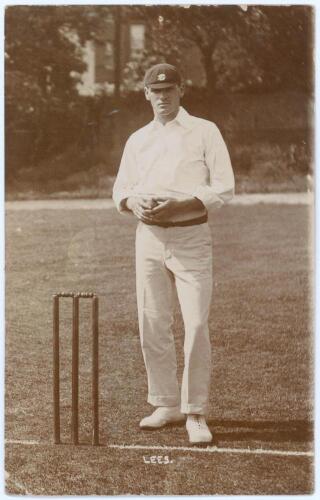Walter Scott Lees. Surrey & England 1896-1911. Early sepia real photograph postcard of Lees standing full length at the wicket wearing a Surrey cap and holding a ball. Foster of Brighton. Postally used, date unknown. Minor wear to edges and corners, other