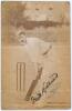 Frederick Charles Holland. Surrey 1894-1908. Early sepia real photograph postcard of Holland full length at the wicket in batting pose wearing a Surrey cap. Signed in black ink to the photograph by Holland, slight smudging to the signature. Foster of Brig
