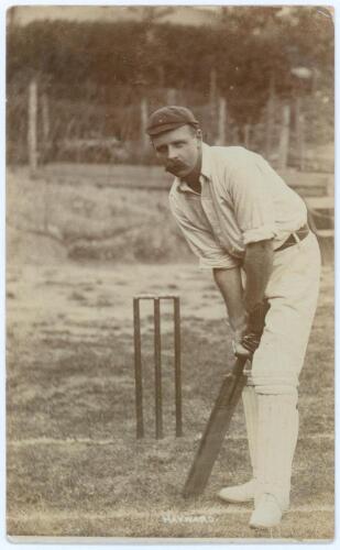 Thomas Walter &lsquo;Tom&rsquo; Hayward. Surrey & England 1893-1914. Early sepia real photograph postcard of Hayward full length at the wicket in batting pose wearing a cap. Foster of Brighton. Postally unused. Minor rounding to corners, otherwise in very good condit