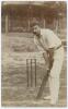Thomas Walter &lsquo;Tom&rsquo; Hayward. Surrey & England 1893-1914. Early sepia real photograph postcard of Hayward full length at the wicket in batting pose wearing a cap. Foster of Brighton. Postally unused. Minor rounding to corners, otherwise in very good condit