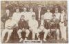Surrey 1905. Early sepia real photograph postcard of the Surrey team. Players, depicted seated and standing in rows wearing blazers, caps, boaters, include Lord Dalmeny (Captain), Hayes, Hayward, Knox etc. Blind embossed stamp for Foster of Brighton to lo