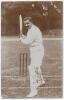 Kumar Shri Ranjitsinhji. Sussex, Cambridge University & England 1893-1920. Early sepia real photograph postcard of Ranji full length at the wicket in batting pose. Foster of Brighton. Title &lsquo;K.S. Ranjitsinhji&rsquo;. Postally unused. Minor wear to edges and cor