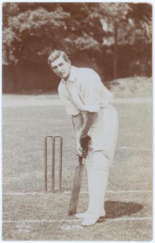 Charles Burgess Fry. Sussex, Hampshire, Oxford University, Europeans & England 1892-1922. Early sepia real photograph postcard of Fry full length at the wicket in batting stance. Foster of Brighton. Postally unused. Minor wear to corners, otherwise in ver