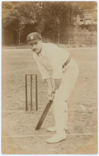 Joseph &lsquo;Joe&rsquo; Vine. Sussex & England 1896-1922. Early sepia real photograph postcard of Vine full length at the wicket in batting stance wearing a Sussex cap. E. Hawkins & Co. of Brighton. Postally unused. Very good condition. Excellent image.