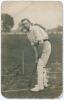 Percy Jeeves. Warwickshire 1912-1914. Early sepia real photograph postcard of Jeeves standing full length at the crease in batting pose. Nicely signed in black ink to the photograph by Jeeves. Publisher unknown. Postally unused. Rounding to corners and cr