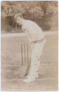 Frank Rowbotham Foster. Warwickshire & England 1908-1914. Early sepia real photograph postcard of Foster standing full length at the crease in batting pose wearing a cap. E. Hawkins & Co., Brighton. Postally unused. Minor wear to edges, otherwise in very 