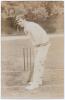 Frank Rowbotham Foster. Warwickshire & England 1908-1914. Early sepia real photograph postcard of Foster standing full length at the crease in batting pose wearing a cap. E. Hawkins & Co., Brighton. Postally unused. Minor wear to edges, otherwise in very 