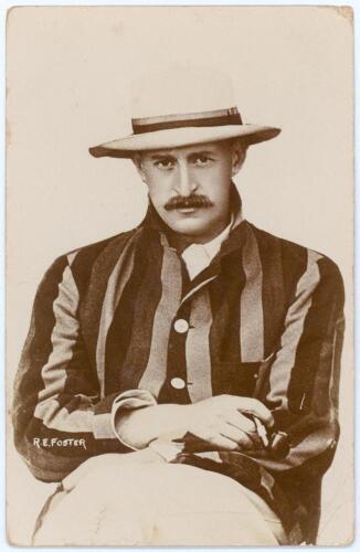 Reginald Erskine &lsquo;Tip&rsquo; Foster. Worcestershire, Oxford University & England 1899-1912. Early sepia real photograph postcard of Foster seated three quarter length on a white background, wearing striped blazer and hat. Foster of Brighton. Postally used, date