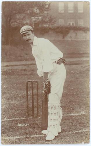 Frederick Lloyd Bowley. Worcestershire 1899-1923. Early sepia real photograph postcard of Bowley standing full length at the crease in batting pose wearing Worcestershire cap. Foster of Brighton. Postally used, date unknown. Minor wear to corners, small b
