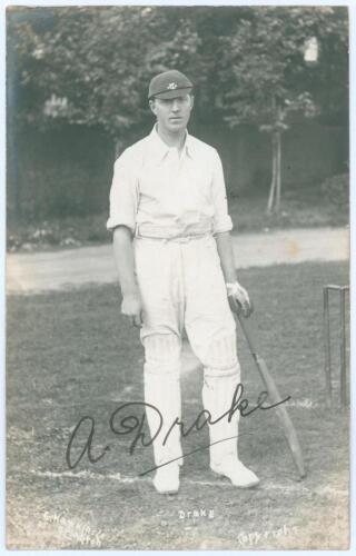 Alonzo Drake. Yorkshire 1909-1914. Early mono real photograph postcard of Drake standing full length at the wicket leaning on his bat wearing a Yorkshire cap. Very nicely signed in black ink by Drake. E. Hawkins & Co., Brighton. Postmarked 1911. Very good
