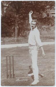 John Thomas Newstead. Yorkshire 1903-1913. Early sepia real photograph postcard of Newstead standing full length in bowling pose at the wicket. Foster of Brighton. Postmarked 1908. Minor wear to corners and edges, pin hole to top and bottom edges, otherwi