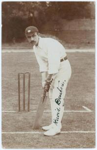 David Denton. Yorkshire & England 1894-1920. Early sepia real photograph postcard of Denton standing full length at the wicket in batting pose wearing a Yorkshire cap. Blind embossed stamp for Foster of Brighton to lower left corner. Very nicely signed to