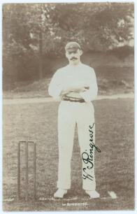 William &lsquo;Billy&rsquo; Ringrose. Yorkshire 1901-1906. Early sepia real photograph postcard of Ringrose standing full length at the wicket holding a ball and wearing a Yorkshire cap. Blind embossed stamp for Foster of Brighton to lower right corner. Nicely signed