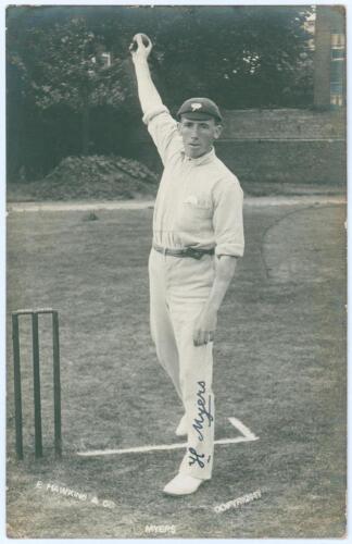 Hubert Myers. Yorkshire & Tasmania 1901-1925. Early sepia real photograph postcard of Myers standing full length at the wicket holding in bowling pose wearing a Yorkshire cap. E. Hawkins & Co., Brighton. Nicely signed in black ink to the photograph by Mye
