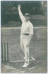 Hubert Myers. Yorkshire & Tasmania 1901-1925. Early sepia real photograph postcard of Myers standing full length at the wicket holding in bowling pose wearing a Yorkshire cap. E. Hawkins & Co., Brighton. Nicely signed in black ink to the photograph by Mye