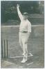 Hubert Myers. Yorkshire & Tasmania 1901-1925. Early sepia real photograph postcard of Myers standing full length at the wicket holding in bowling pose wearing a Yorkshire cap. E. Hawkins & Co., Brighton. Nicely signed in black ink to the photograph by Mye