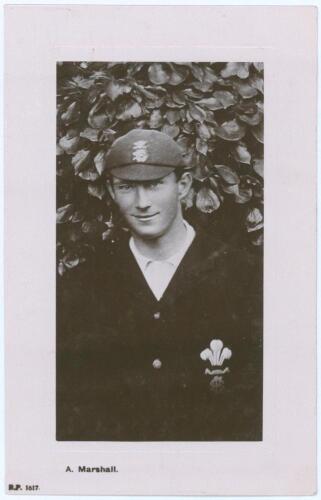 Alan Marshal. Queensland & Surrey, 1903-14. Nice mono real photograph postcard of Marshal, standing half length wearing a Surrey cap and blazer. Rival Photograph Series no. R.P. 1617. Printed title &lsquo;A. Marshall [sic]&rsquo;. Postmarked 1912. Very good condition