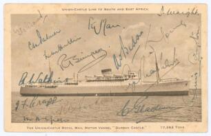 M.C.C. tour of South Africa 1948/49. Rarer sepia postcard of the Union-Castle Line &lsquo;Durban Castle&rsquo; which took the team to South Africa. Signed in ink to card face by fifteen members of the touring party. Signatures are Mann (Captain), Evans, Palmer, Hutto